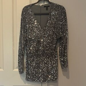 Silver Sequin Long Sleeve Dress